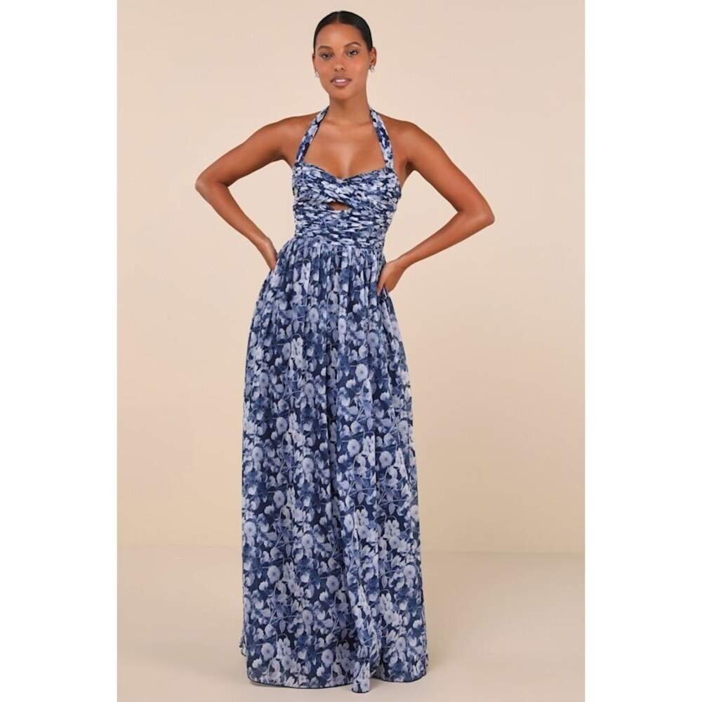 Lulus Illustrious Aura Navy Blue Floral Pleated Halter Maxi Dress - Size S